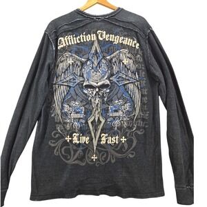 Affliction Shirt Adult 2XL Gray Long Sleeve Thermal Cross Wings Goth Y2K Mens